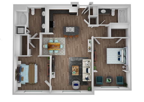 Floor plan for 2 beds, 2 baths, 1157 sqft